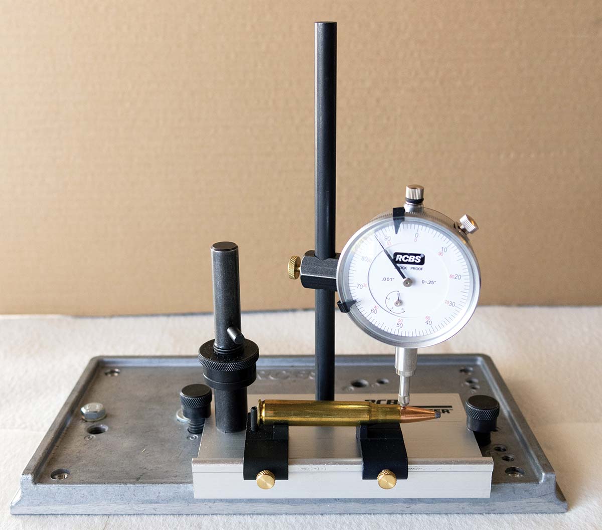 RCBS Case Master Gauging Tool setup to measure bullet runout.